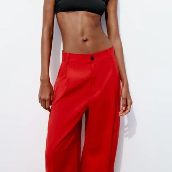 NWT ZARA FLOWY PLEATED PANTS BRIGHT RED - Picture 4 of 8